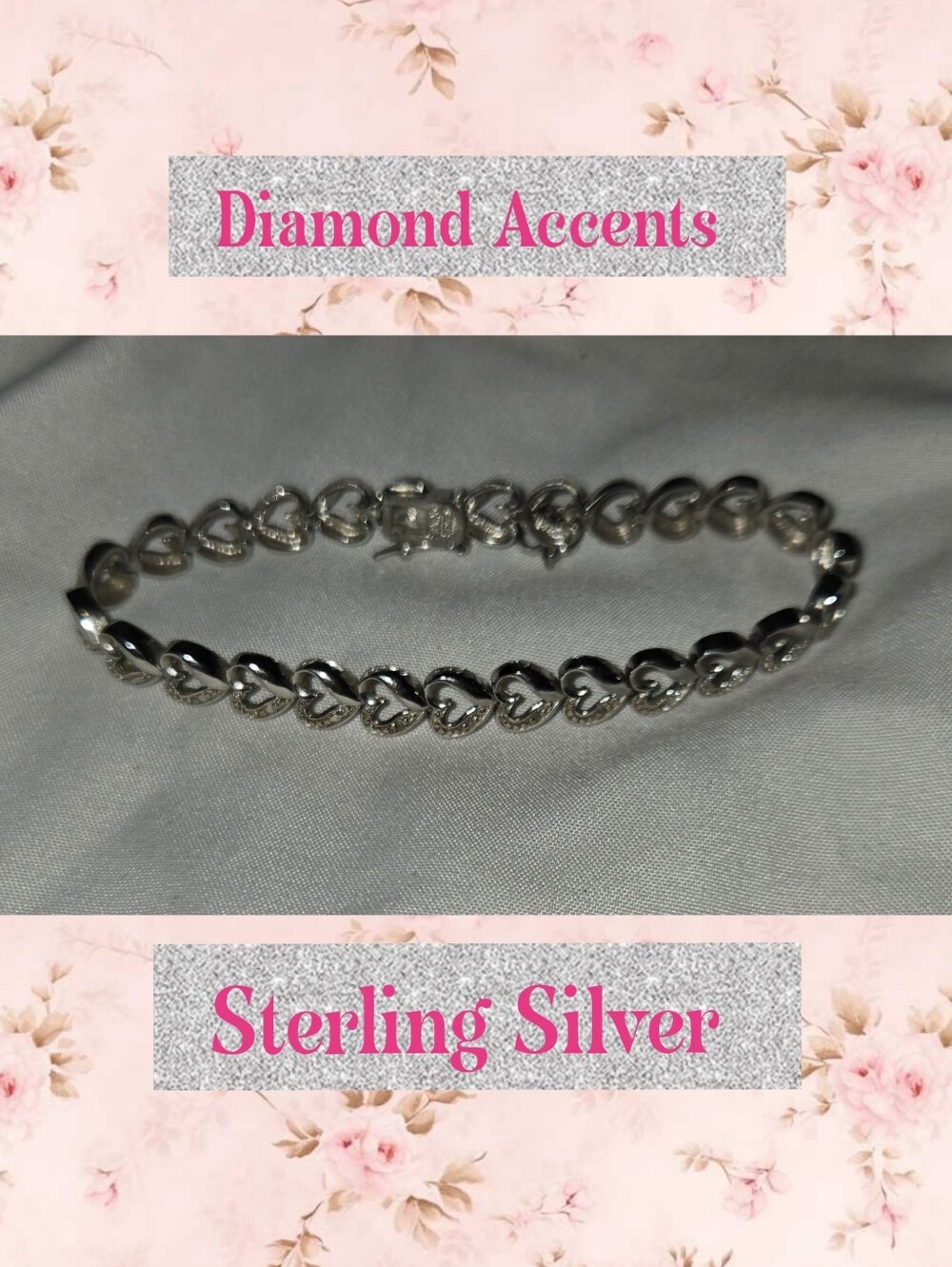 Sterling Silver Heart Link Bracelet Diamond Accents
